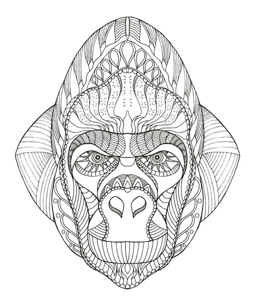 Gorilla testa zentangle stilizzato, vettore, illustrazione, matita a mano libera, disegnato a mano, modello . — Vettoriale Stock