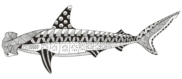 Hammerhead shark zentangle estilizado, vetor, ilustração, padrão, lápis à mão livre, desenhado à mão. Arte zen . —  Vetores de Stock