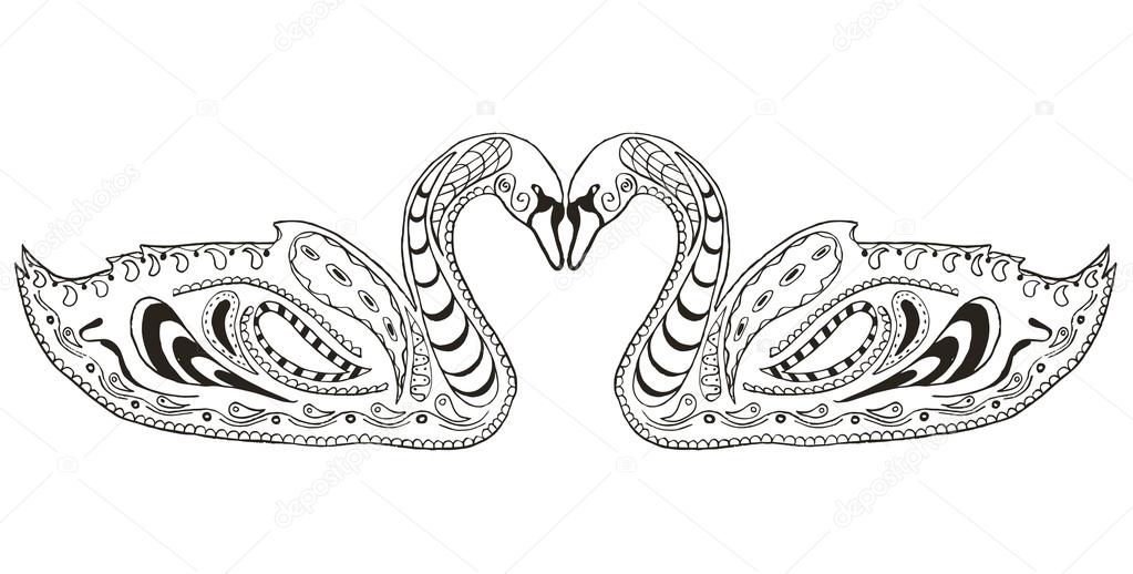 Two swans zentangle stylized, illustration, vector, freehand pen