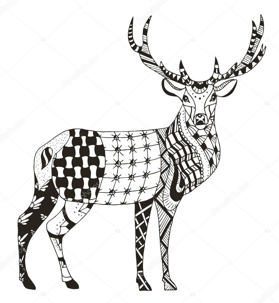 Artistically hand drawn, zentangle stylized deer vector, illustration, pattern, freehand pencil, lace. Zen art.