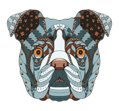 İngilizce bulldog baş zentangle stilize, vektör, illüstrasyon, freehand kalem, el çizilmiş, desen. Zen sanatı. Süslü vektör. Dantel.