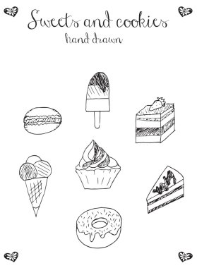 Tatlılar ve kurabiye simgeleri, cupcake, makarna, dondurma, cheesecake, kek, donut, vektör, illüstrasyon, freehand kalem.