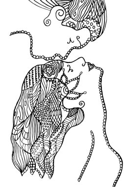 Erkek öpüşme kadının alnında, zentangle tarzı, çiçek, yapraklar, vektör illüstrasyon, sanatsal çizilmiş, freehand. Zen sanatı.