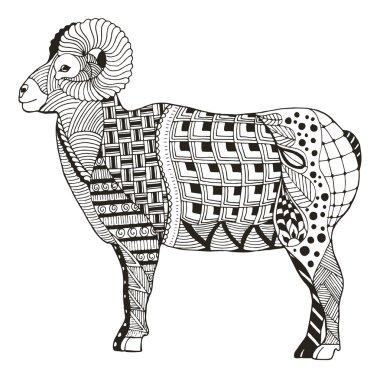 Male rocky mountain bighorn sheep ram standing zentangle stylized, vector illustration, freehand pencil, hand drawn, pattern, black and white.