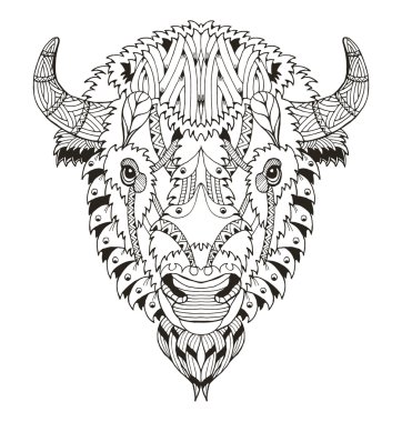 Amerikan buffalo baş stilize zentangle, vektör, illüstrasyon, el yapımı kalem, elle çizilmiş, desen. Zen sanat. Süslü vektör. Dantel. Boyama.