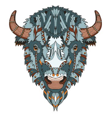 Amerikan buffalo baş stilize zentangle, vektör, illüstrasyon, el yapımı kalem, elle çizilmiş, desen. Zen sanat. Süslü vektör. Dantel. Boyama.