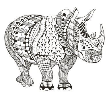 Rhino zentangle stylized, vector, illustration, freehand pencil, doodle, black and white, pattern, hand drawn.