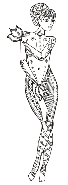 Signo do zodíaco - Virgem. Mulher nua cobrindo-se com as mãos. Ilustração vetorial. Zentangle estilizado. Horóscopo. Padrão. Mão desenhada. Lápis à mão livre . — Vetor de Stock