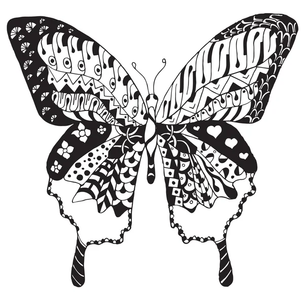 Artistically hand drawn, zentangle stylized butterfly vector, illustration, freehand pencil. Zen art. — Stock Vector