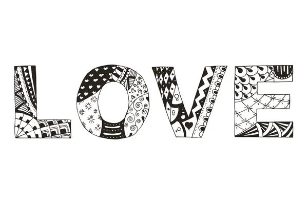 Word love zentangle stylized on white background, vector, illustration, yellow, freehand pencil. Zen art. — Stockvector