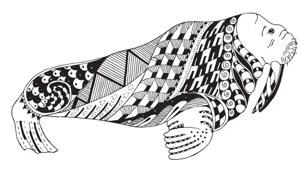 Walrus Zentangle stiliserade, vektor, illustration, FreeHand penna, handritad, mönster. — Stock vektor