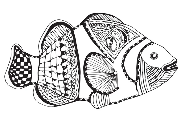 Clownfish zentangle estilizado, vector, ilustración, lápiz a mano alzada, blanco y negro. Arte zen . — Archivo Imágenes Vectoriales