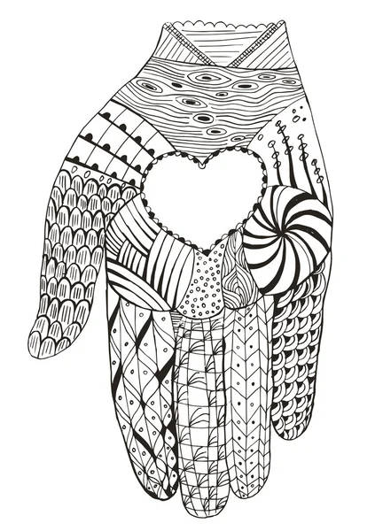 Mano sosteniendo zentangle corazón estilizado, vector, ilustración, lápiz de mano alzada, garabato, patrón . — Archivo Imágenes Vectoriales