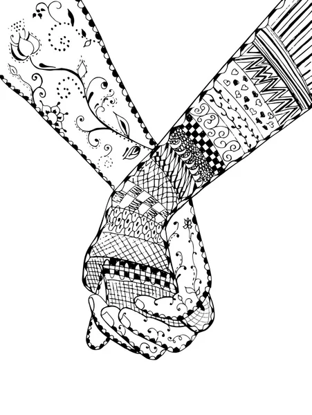 Zentangle style - couple holding hands, swirl, flower, vector, illustration, freehand pencil. — Stockvector