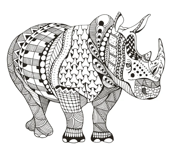 Угол носорога стилизованный, вектор, иллюстрация, свободный карандаш, дудл, черно-белый, узор, рисунок от руки . — стоковый вектор