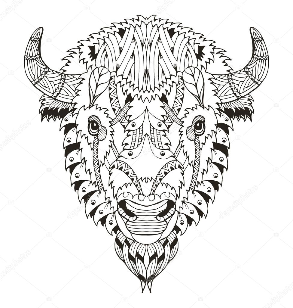 Disegni da colorare– illustrazione stock Bufalo americano testa zentangle stilizzato vettore illustrazione matita a mano libera disegnata
