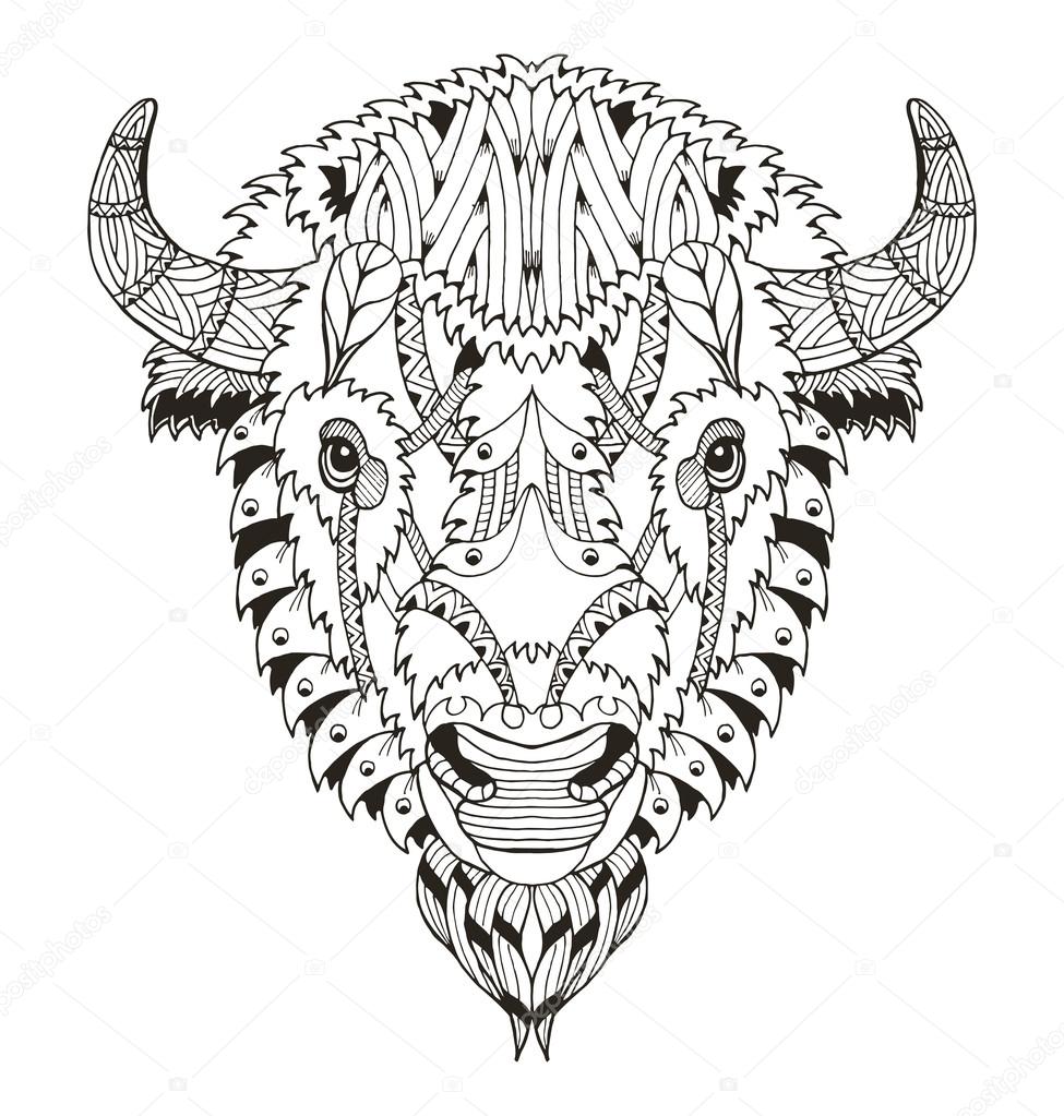 American buffalo head zentangle stylized, vector, illustration, freehand pencil, hand drawn, pattern. Zen art. Ornate vector. Lace. Coloring.