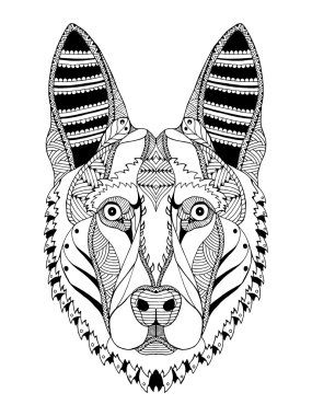 Alman çoban köpek baş zentangle stilize, vektör, illüstrasyon, freehand kalem, el çizilmiş, desen. Zen sanatı. Süslü vektör. Dantel.