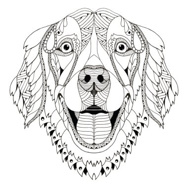 Golden retriever dog zentangle stylized head, freehand pencil, hand drawn, pattern. Zen art. Ornate vector.