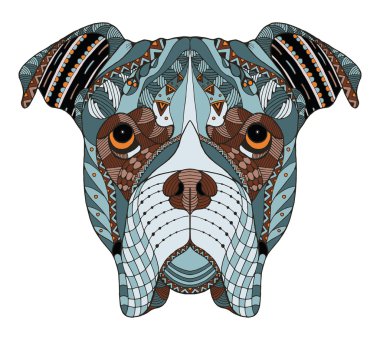 Boxer köpek baş zentangle stilize, vektör, illüstrasyon, freehand kalem, el çizilmiş, desen. Zen sanatı. Süslü vektör. Dantel. Renk.