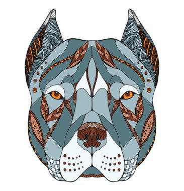 Pit bull terrier baş zentangle stilize, vektör, illüstrasyon, freehand kalem, el çizilmiş, desen. Zen sanatı. Süslü vektör. Dantel.