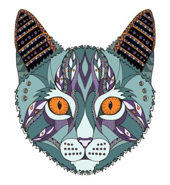 Stilize kedi baş zentangle, vektör, illüstrasyon, el yapımı kalem, elle çizilmiş, desen. Zen sanat. Süslü vektör. Dantel. Renk.