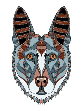 Alman çoban köpek baş zentangle stilize, vektör, illüstrasyon, freehand kalem, el çizilmiş, desen. Zen sanatı. Süslü vektör. Dantel