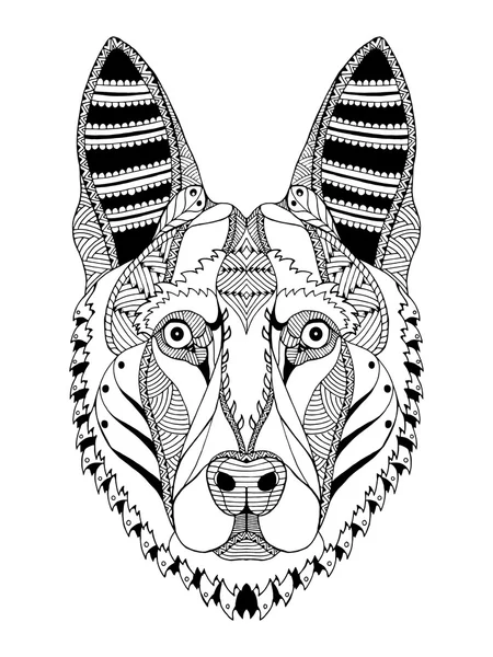 Pastor alemán cabeza de perro zentangle estilizado, vector, ilustración, lápiz a mano alzada, dibujado a mano, patrón. Arte zen. Vector adornado. Encaje . — Vector de stock