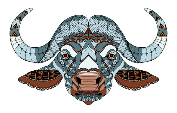 Afrikaanse Buffalo hoofd zentangle gestileerde, Vector, illustratie, FreeHand potlood, hand getrokken, patroon. Zen Art. Sierlijke vector. Kant. Kleur. — Stockvector