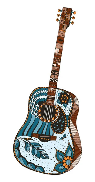 Guitarra acústica. Zentangle estilizado. Patrón. Ilustración vectorial. Lápiz de mano alzada. Mano dibujada. Color. . — Vector de stock