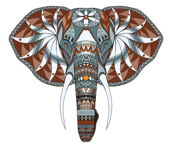 Elefante cabeza zentangle estilizado, vector, ilustración, lápiz a mano alzada, dibujado a mano, patrón. Arte zen. Vector adornado. Encaje. Color. . — Vector de stock