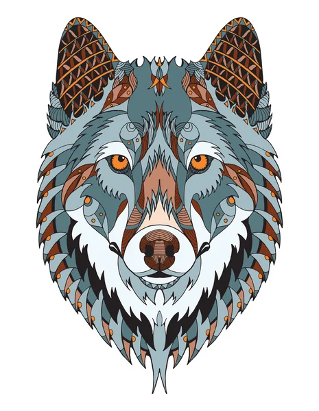 Gray wolf head zentangle stylized, vector, illustration, freehand pencil, hand drawn, pattern. Zen art. Ornate vector. Color. — Stock Vector