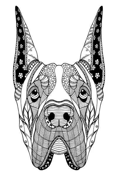 Grande cão dinamarquês zentangle cabeça estilizada, lápis à mão livre, desenhado à mão, padrão. Arte zen. Vetor ornado. Coloração . —  Vetores de Stock