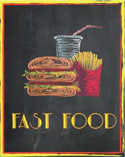 Fast food, hambúrguer, batatas fritas e suco no fundo do quadro . —  Vetores de Stock