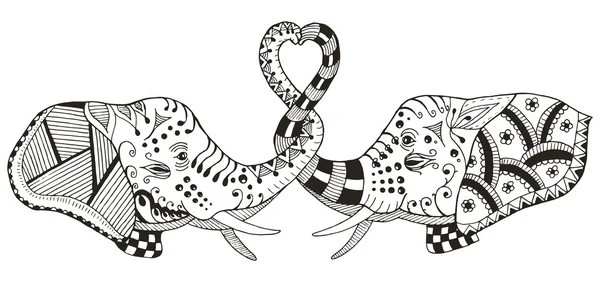 Elefántok hogy szív alakú fatörzsek, zentangle stilizált, vektoros illusztráció, minta, szabadkézi ceruza, kézzel rajzolt. Valentin-nap. — Stock Vector