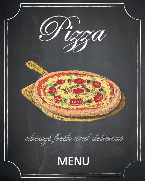 Menú de pizza en el fondo de pizarra, vector, ilustración, mano libre . — Vector de stock