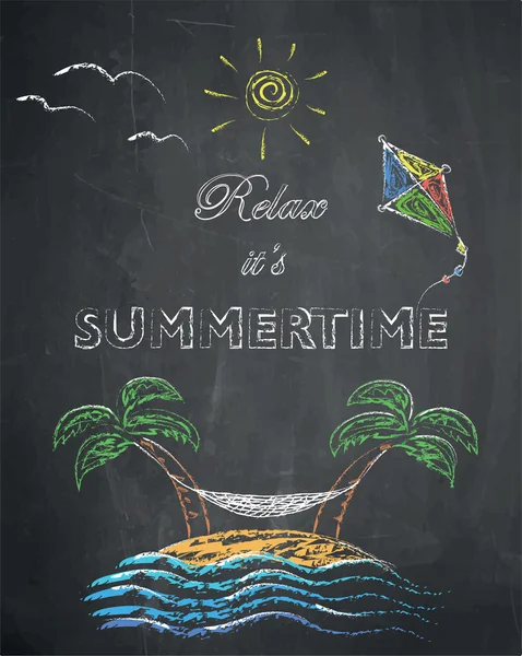 夏の間にリラックス - ヤシの木、ビーチ、凧、スイングネット、太陽と海黒板の背景. — ストックベクタ