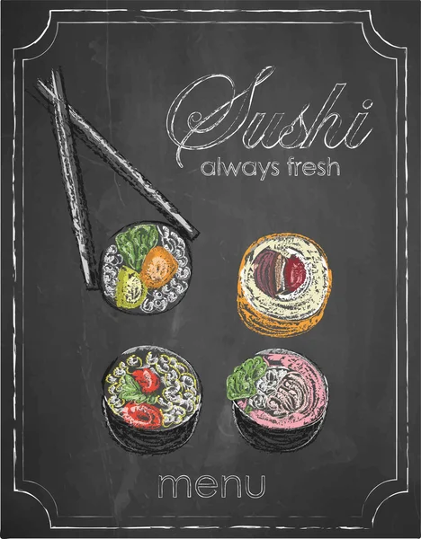 Sushi menu on chalkboard background, vector, illustration, freehand. — Stock Vector