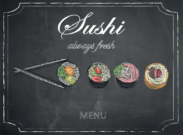 Menu sushi pada latar belakang papan tulis, vektor, ilustrasi, tangan bebas . - Stok Vektor