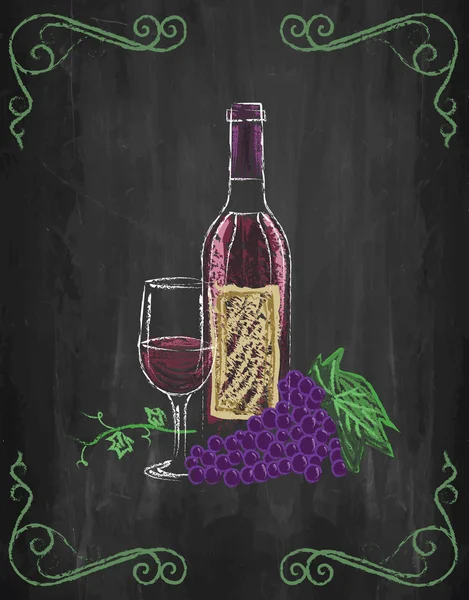 Weinglas und Flasche mit Trauben und Reben auf Tafelhintergrund, Vektor, Illustration. — Stockvektor
