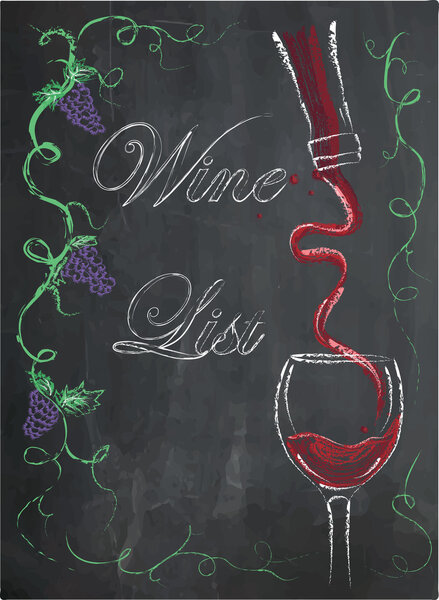 Wine list with wine glass and wine bottle on chalkboard background.