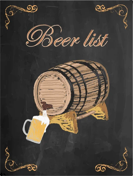 Lista de cervezas, vaso de cerveza y barril de cerveza sobre fondo de pizarra . — Vector de stock