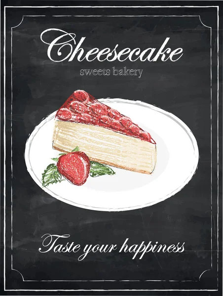 Cheesecake çilek tebeşir tahtası arka plan, vektör, illüstrasyon, freehand
