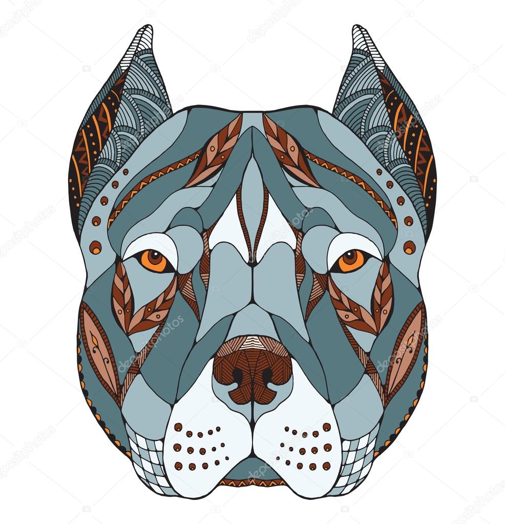 Pit bull terrier head zentangle stylized, vector, illustration, freehand pencil, hand drawn, pattern. Zen art. Ornate vector. Lace.