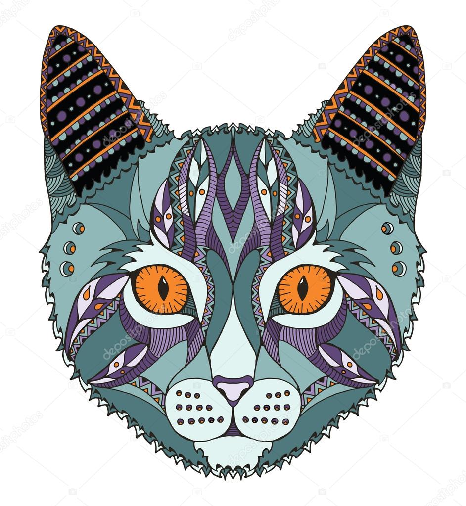 Cat head zentangle stylized, vector, illustration, freehand pencil, hand drawn, pattern. Zen art. Ornate vector. Lace. Color.