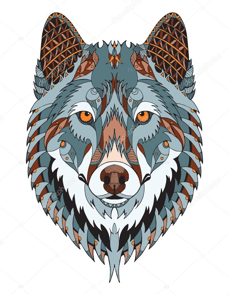Gray wolf head zentangle stylized, vector, illustration, freehand pencil, hand drawn, pattern. Zen art. Ornate vector. Color.