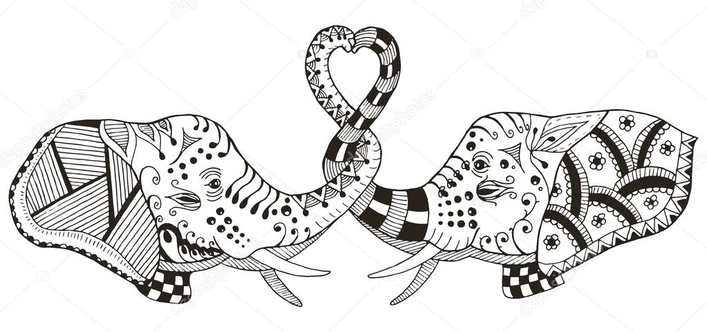 Elephants making heart shape with trunks, zentangle ...