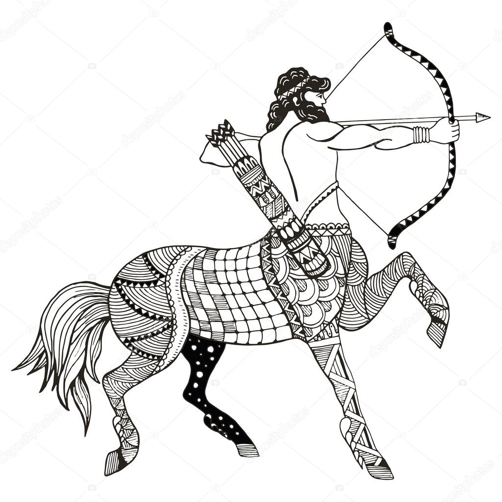 Sagittarius zodiac sign vector illustration, zentangle stylized, freehand pencil, hand drawn, pattern, horoscope sign, the archer.