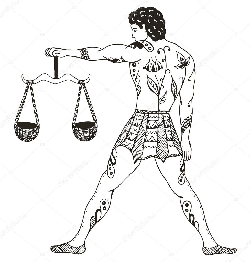 Zodiac sign - Libra. Young man holding scales.Vector illustration. Zentangle stylized. Horoscope. Pattern. Hand drawn. Freehand pencil.
