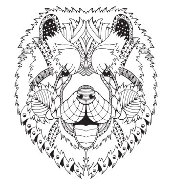 Chow chow köpek zentangle stilize baş, el yapımı kalem, elle çizilmiş, desen. Zen sanat. Süslü vektör. Boyama.